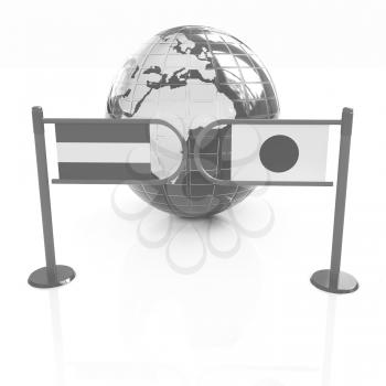 Three-dimensional image of the turnstile and flags of Japan and Luxembourg on a white background 