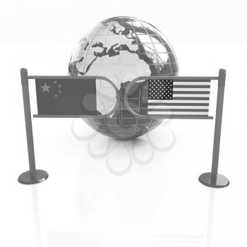 Three-dimensional image of the turnstile and flags of USA and China on a white background 