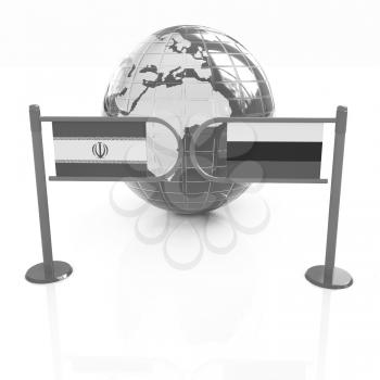 Three-dimensional image of the turnstile and flags of Russia and Iran on a white background 