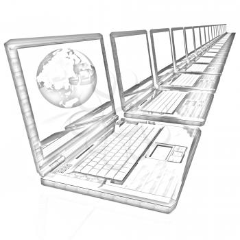 Computer Network Online concept with Eco Wooden  Laptop and Earth on white background 