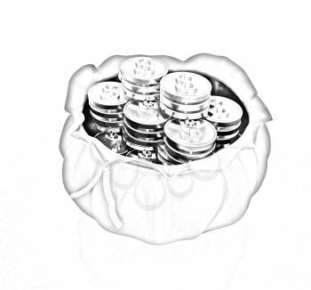 Bag and dollar coins on a white background