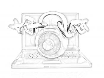 Laptop with chains and lock.3d illustration on white isolated background. 