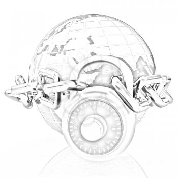 Earth globe close in chain and padlock on a white background