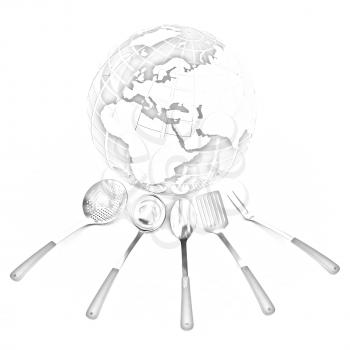 cutlery on white background around Earth