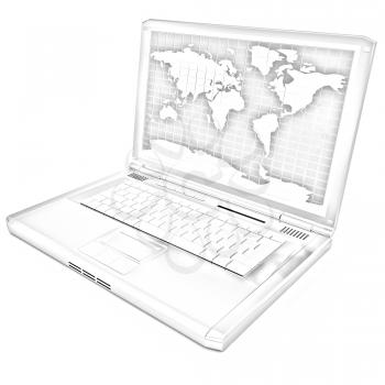 Gold laptop with world map on screen on a white background