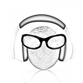 kiwi with sun glass and headphones front face on a white background