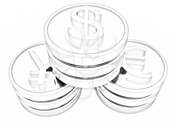 gold coins with 3 major currencies on a white background