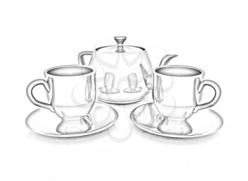 3d cups and teapot on a white background