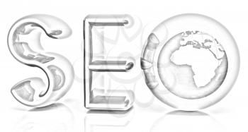 Blue metallic text 'SEO' with earth globe, symbol. 3d illustration on a white background