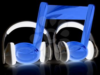 headphones and 3d note on a black background
