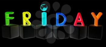 Colorful 3d letters Friday on black cubes on a black background