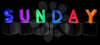 Colorful 3d letters Sunday on black cubes on a black background