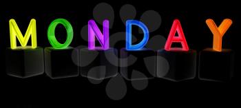 Colorful 3d letters Monday on white cubes on a black background