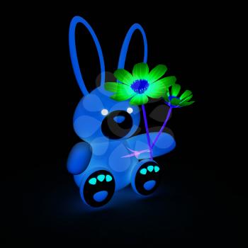 soft toy hare with a little hearts on white paws and cosmos flower on a black background