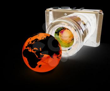 3d illustration of photographic camera and Earth on black background
