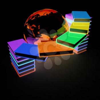 Colorful books and earth on a black background