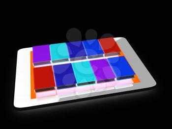 tablet pc and colorful real books on black background