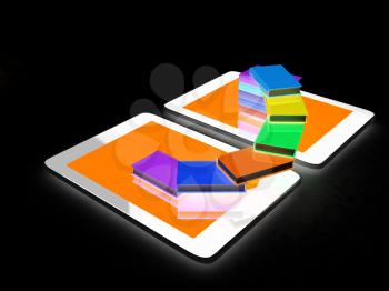 tablet pc and colorful real books on black background