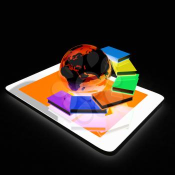 tablet pc and earth with colorful real books  on black background