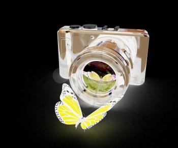 3d illustration of photographic camera and butterfly on black background