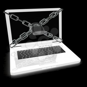 Laptop with lock and chain on a black background