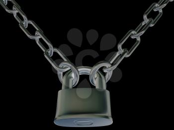 chains and padlock isolation on black background - 3d illustration