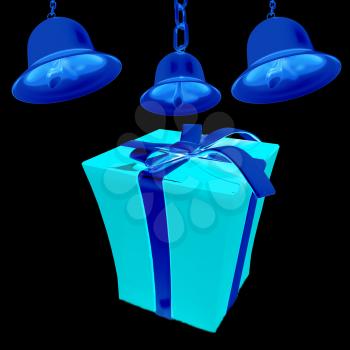 Bell and gift box with ribbon on black background