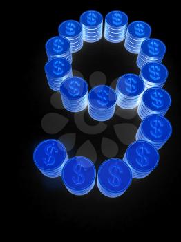 the number nine of coins with dollar sign on a black background