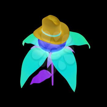 Blue hat on a fantastic flower iisolated on black background. 3d