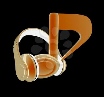 headphones and 3d note on a black background