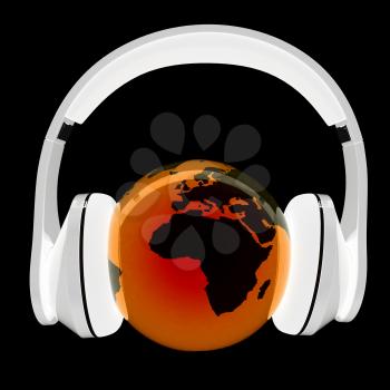 earth with headphones. World music concept isolated on black