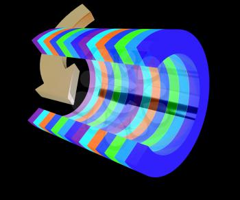 3d colorful abstract cut pipe and arrow on a black background