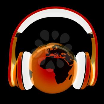 World music 3D render of planet Earth with headphones  on a black background