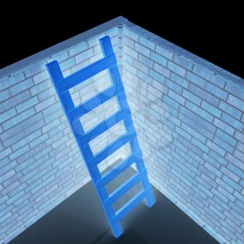 Ladder leans on brick wall on a black background