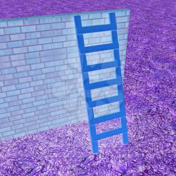 Ladder leans on brick wall on a grass