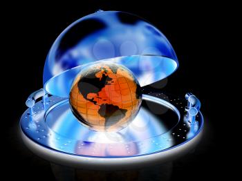 Earth globe on glossy salver dish under a cover on a black background