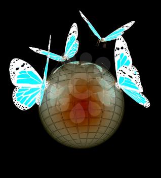 Butterfly on a abstract 3d sphere on a black background