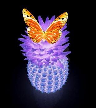Butterflys on a pineapple on a black background