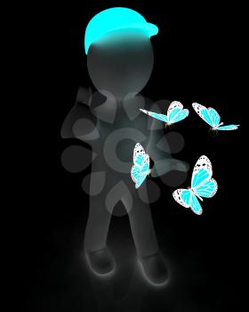 3d man in a red peaked cap with thumb up and butterflies on a white background