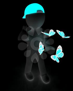 3d man in a red peaked cap with thumb up and butterflies on a white background