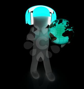 3d white man in a red peaked cap with thumb up, tablet pc and headphones. Global concept with blue earth 