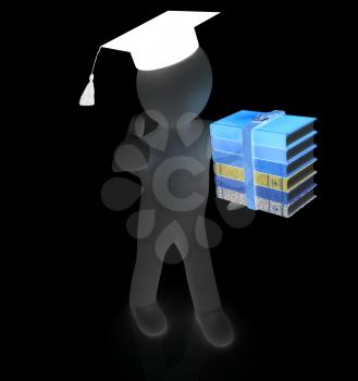 3d white man in a red peaked cap with thumb up and useful books - best gift a student on a white background