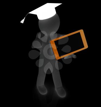 3d white man in a grad hat with thumb up and tablet pc - best gift a student on a white background