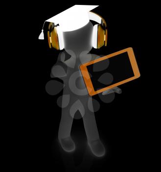 3d white man in a grad hat with thumb up, headphone and tablet pc - best gift a student on a white background