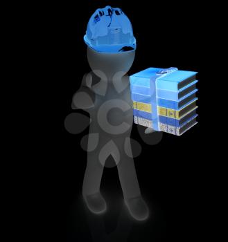 3d man in a hard hat with thumb up presents the best technical literature on a white background