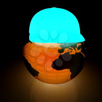 Earth in a red peaked cap. 3d icon. Concept: Summer Holidays and travel on a white background