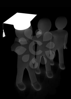 3d man in a graduation Cap with thumb up and 3d mans stand arms around each other on a white background