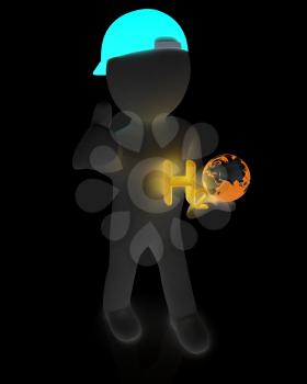 3d small man with H2O - formula of water on white background. 3d image 