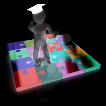 3d man in a graduation Cap with thumb up with individual puzzles on a white background