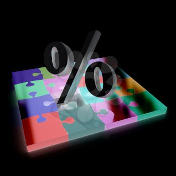 Puzzles and symbol of percents.Isolated on white background.3d rendered. 